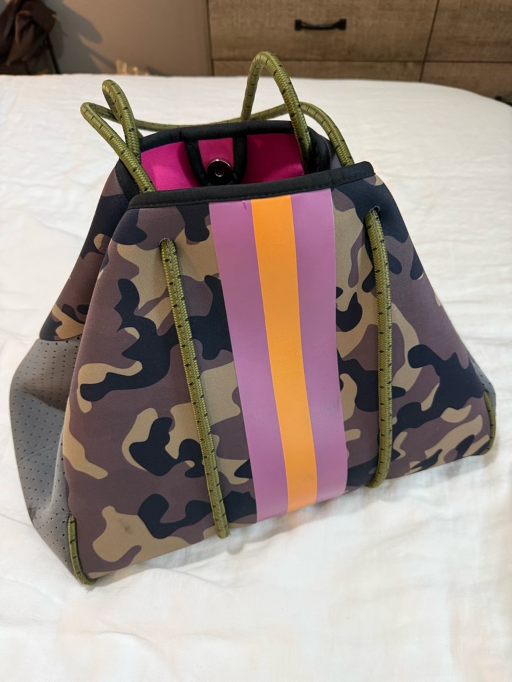 Camo Tote with Pink and Orange Stripe